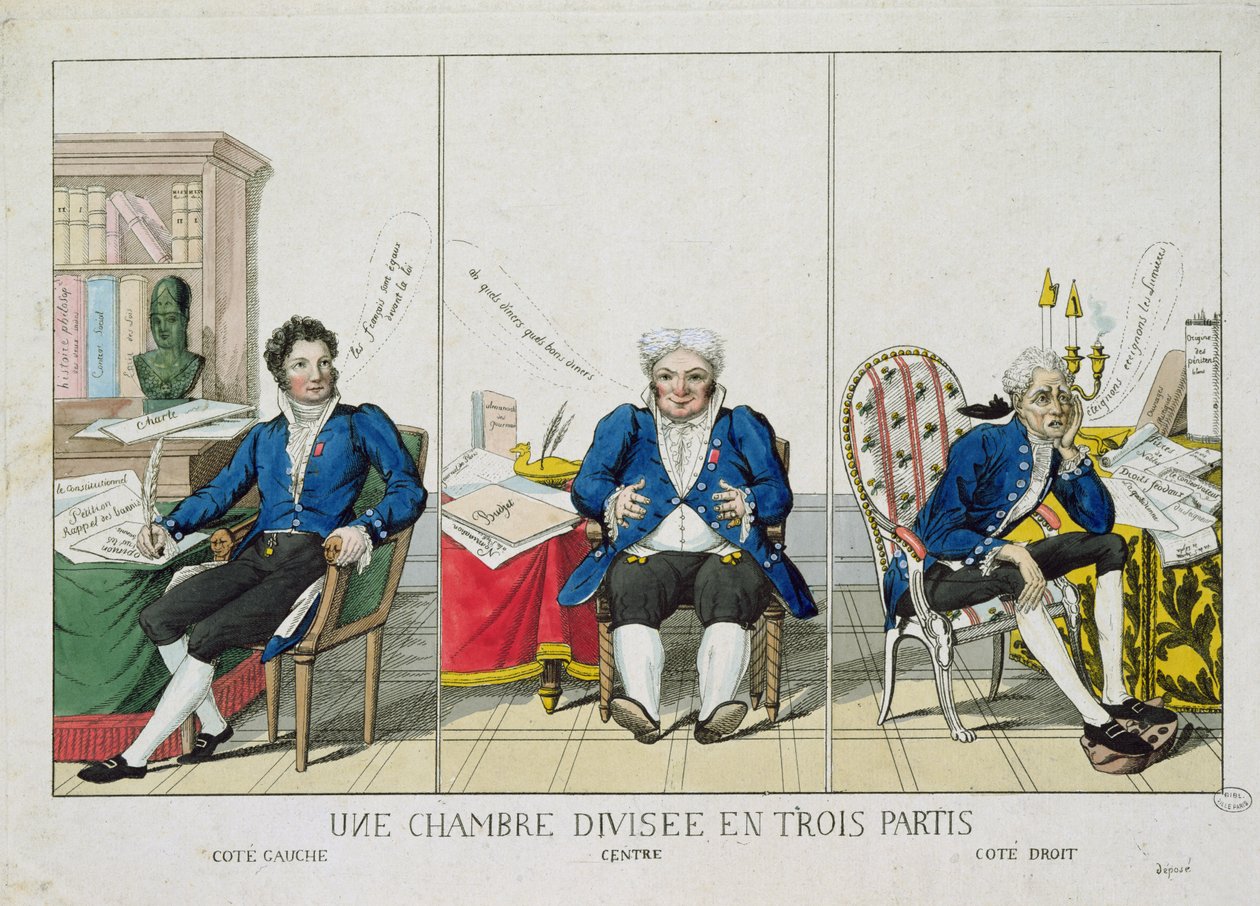 La Chambre Divisee en Trois Partis, karikatyyri kansalliskokouksesta, 1819 tekijältä French School