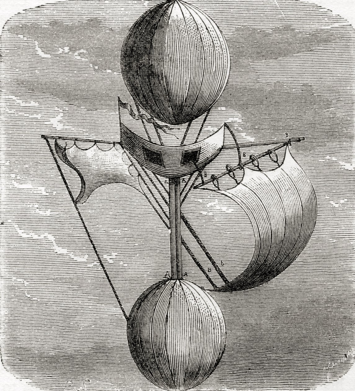 Lanan lentävä kone, Fulgence Marionin teoksesta Wonderful Balloon Ascents or the Conquest of the Skies, julkaistu n. 1870 tekijältä French School