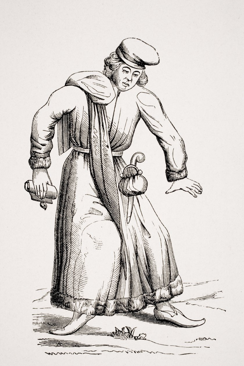 Lakimies piirustettuaan 1400-luvun käsikirjoituksen Paul Lacroixin (1806-84) teoksesta Le Moyen Age et la Renaissance, julkaistu 1847 tekijältä French School