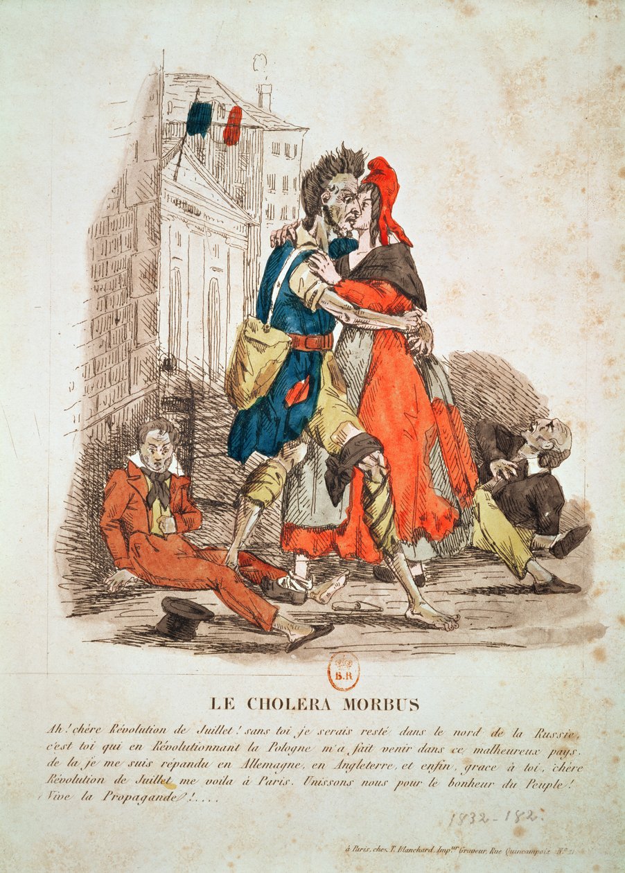 "Le Cholera Morbus", allegoria koleraepidemiasta vuoden 1830 vallankumouksen jälkeen, n. 1832 tekijältä French School