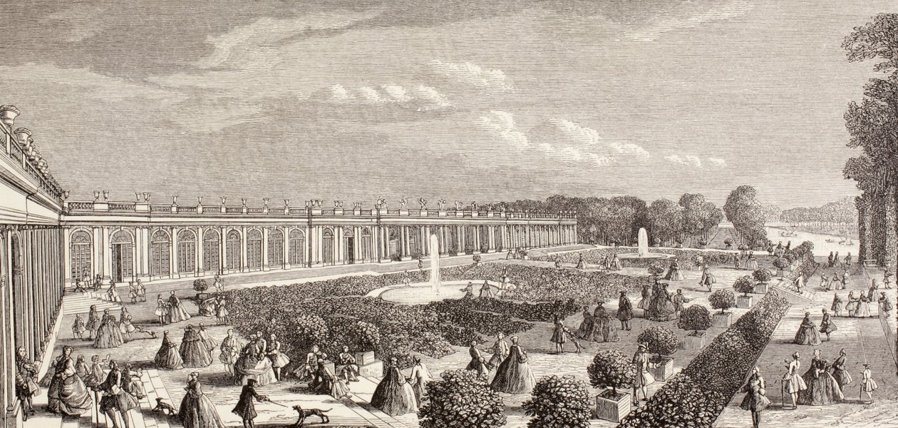 Le Grand Trianon, Versailles, 1700-luvulla, teoksesta "XVIII Siecle Institutions, Usages et Costumes", julkaistu 1875 tekijältä French School