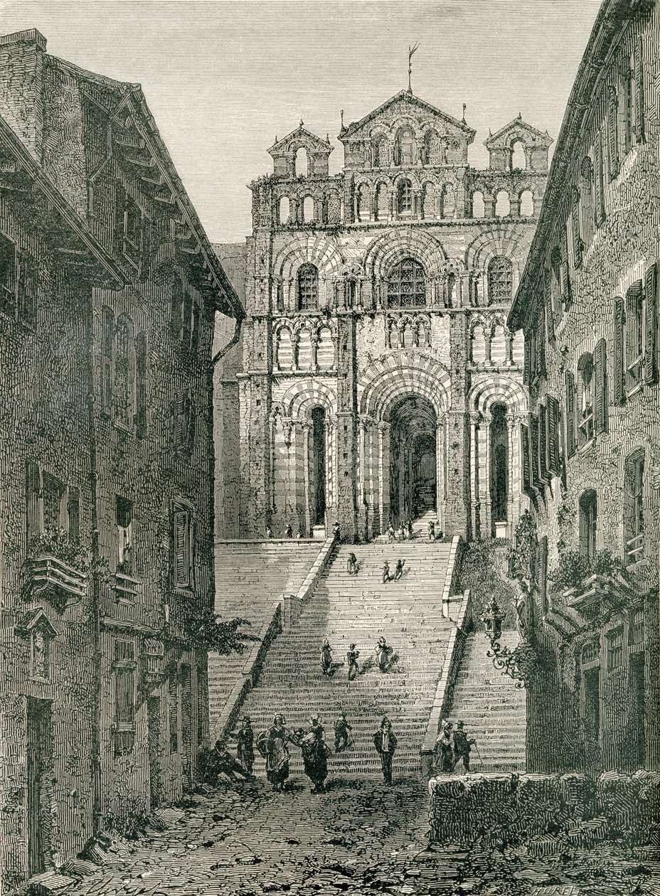Le Puy Cathedral, Le Puy-en-Velay, Auvergne, 1800-luvulla, pastori Samuel G. Greenin "French Pictures" -julkaisusta, julkaistu 1878 tekijältä French School