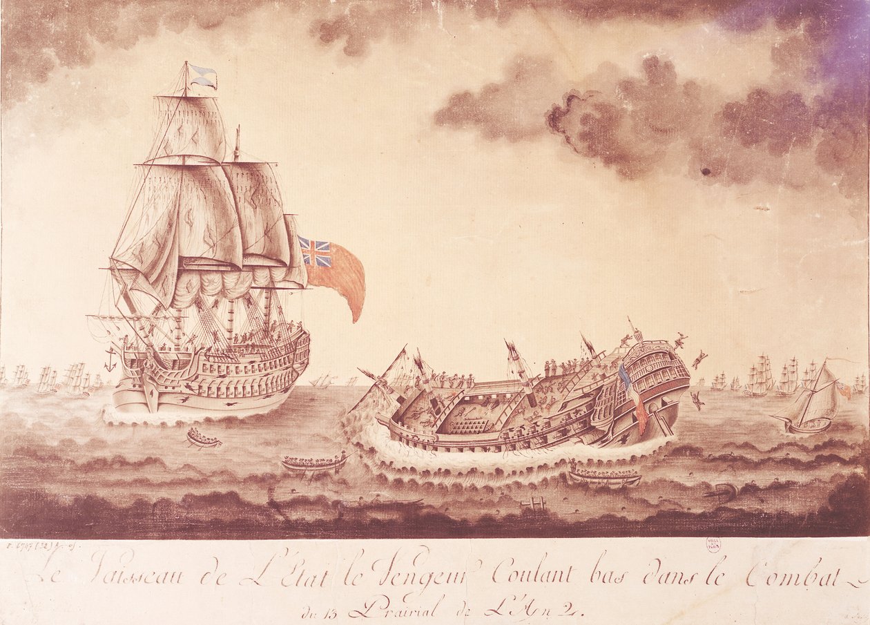 "Le Vengeur du Peuple" uppoamassa Ouessantin taistelussa, 1. kesäkuuta 1794 tekijältä French School