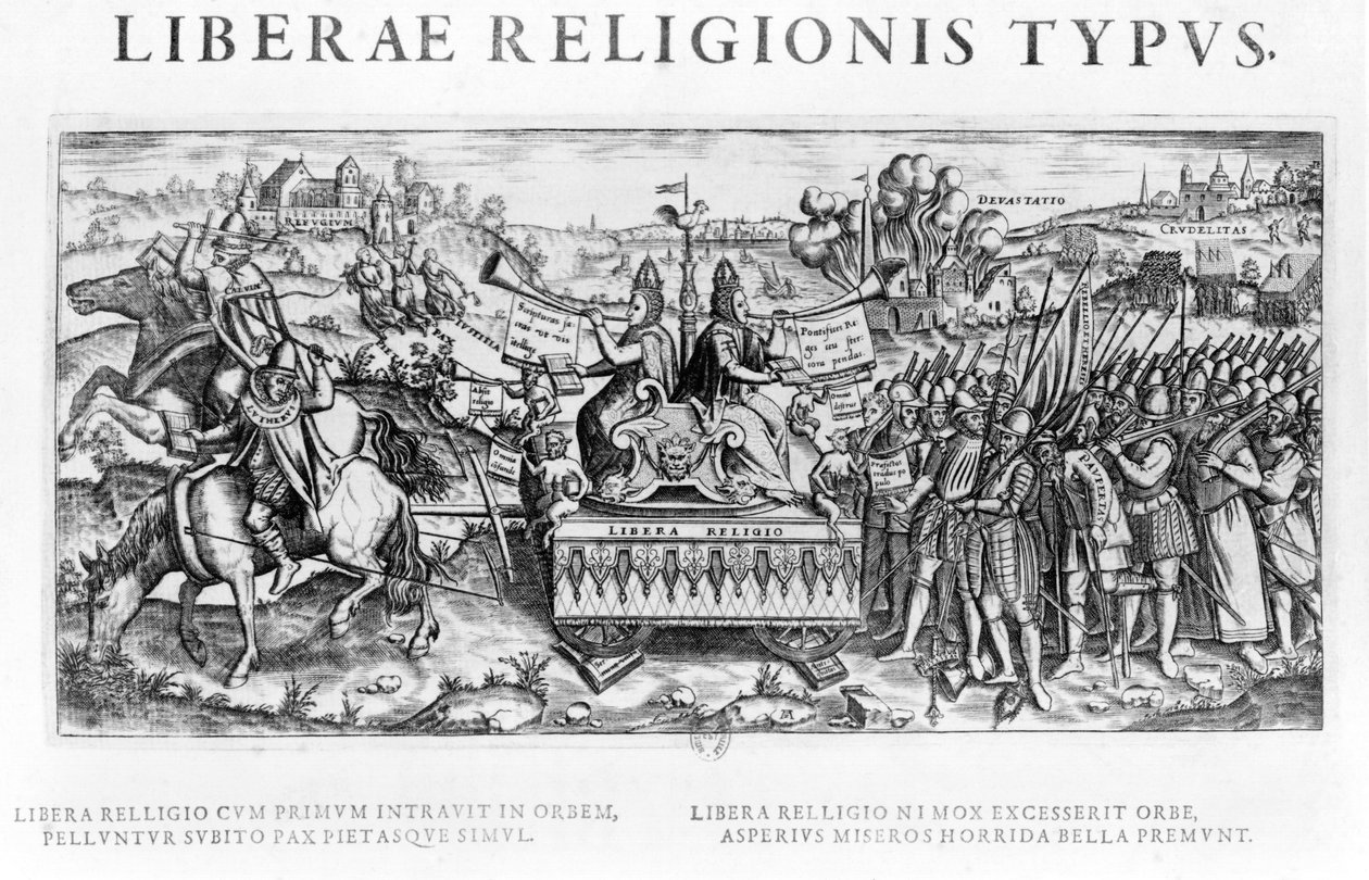 "Librae Religionis Typus", allegoria uskonpuhdistuksesta, joka kuvaa John Calvinia (1509-64) ja Martin Lutheria (1483-1546) tekijältä French School