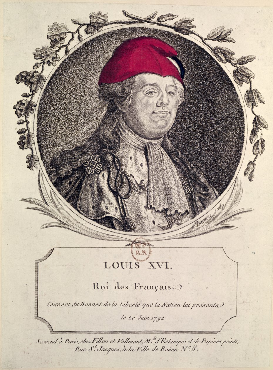 Ludvig XVI (1754-93) päällään friygialainen konepelti, jonka kansa antoi hänelle 20. kesäkuuta 1792 tekijältä French School