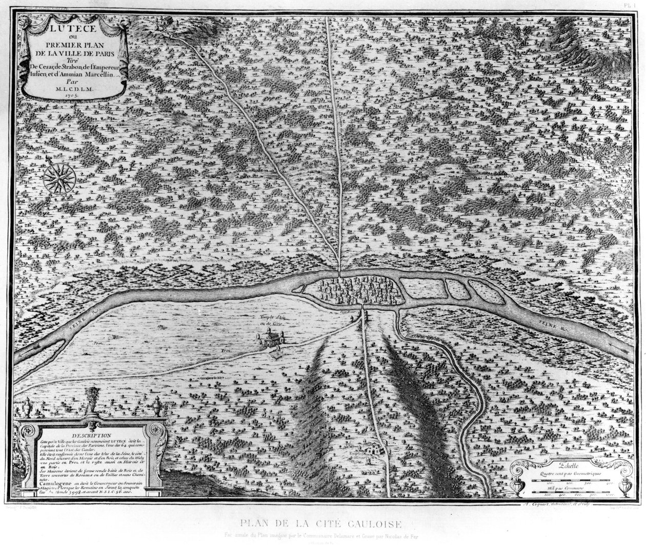 Lutetia eli Pariisin ensimmäinen suunnitelma, otettu Caesarilta, Strabonilta, keisari Julianukselta ja Ammianus Marcellinukselta, 1705 tekijältä French School