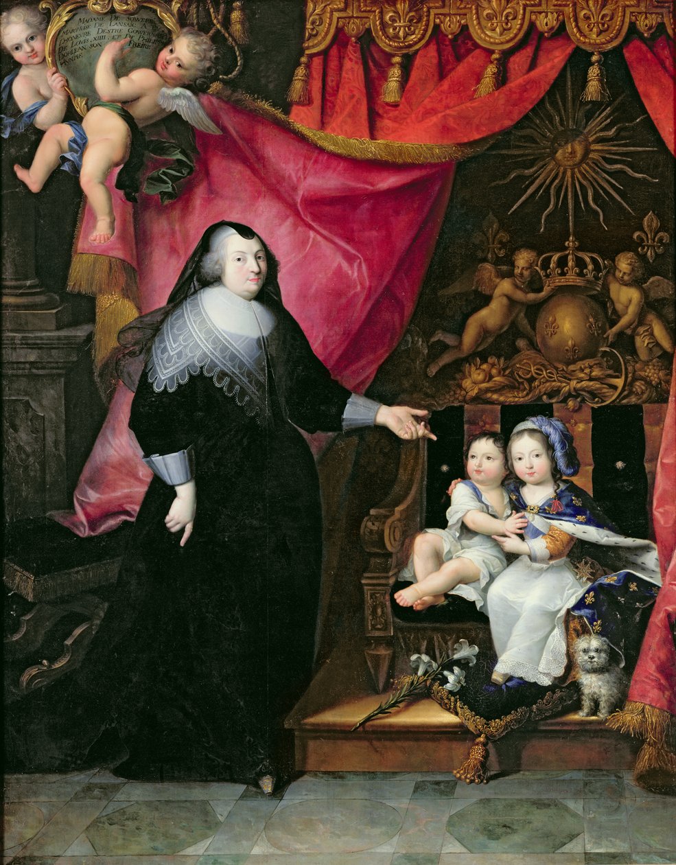Madame de Lansac (1582-1657) ja Ranskan lapset, Louis XIV (1638-1715) ja hänen veljensä Philippe Orleansista (1640-1701) vuoden 1640 jälkeen tekijältä French School
