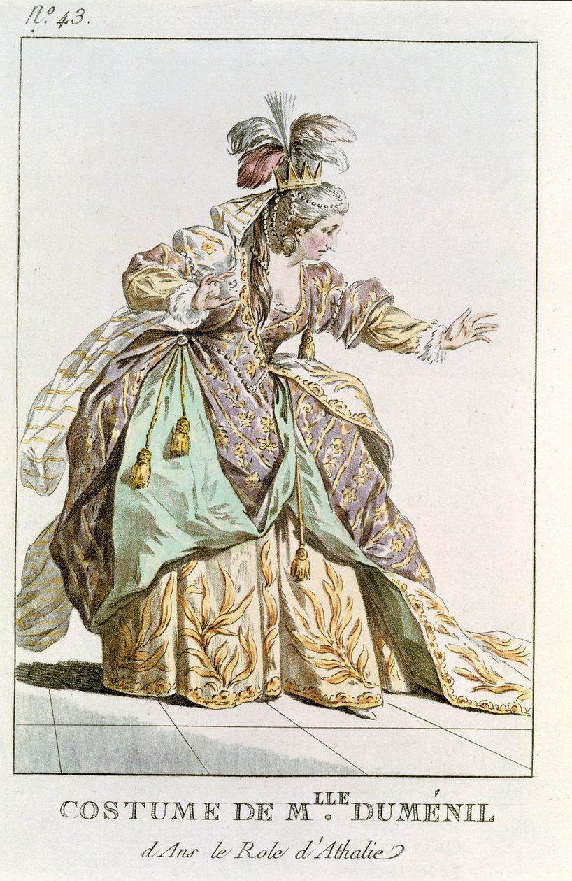 Mademoiselle Dumesnil (1713-1803) Athalien roolissa Jean Racinen (1639-99) elokuvassa Athalie Pariisin Costumes et Annales des Grands Theaters -teatterista. tekijältä French School