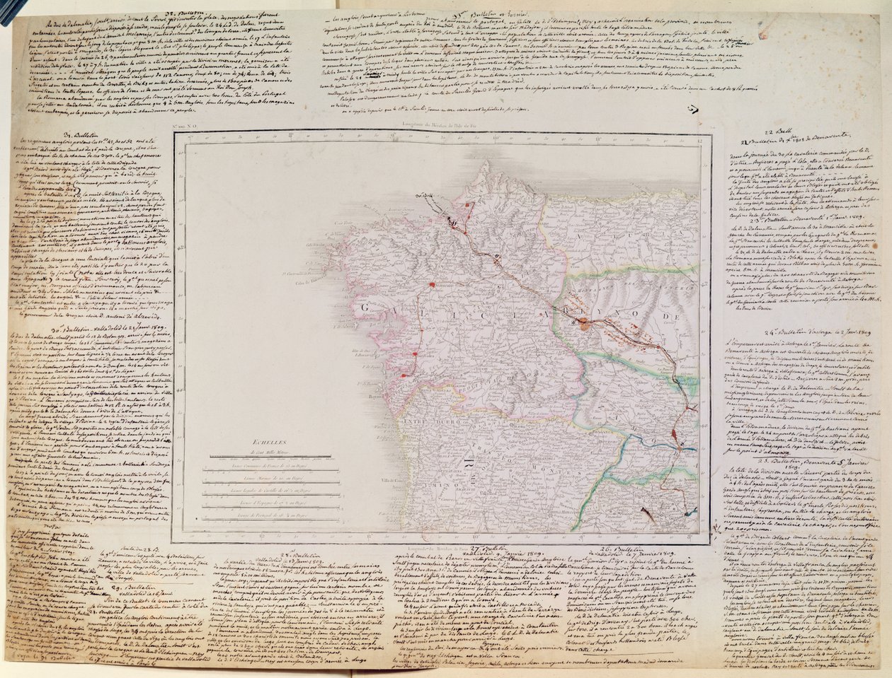 Galician kartta, jossa on Ranskan armeijan reitti ja loki, tammikuun 1809 kampanjasta (tussi- ja mustekaiverrus ja värikaiverrus). tekijältä French School