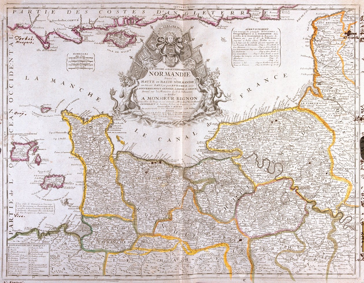 Normandian kartta, 1694, Le Theater du Mondesta, Jean-Baptiste Nolin, julkaistiin 1717 (käsinvärinen kaiverrus) tekijältä French School