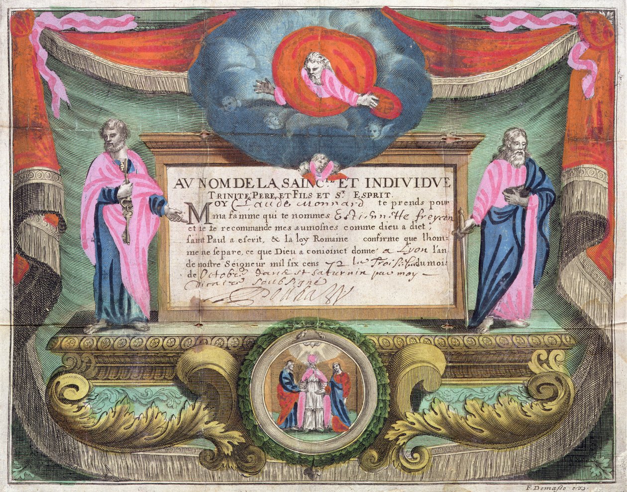 Claude Monnardin vihkitodistus myönnettiin Lyonissa vuonna 1672 tekijältä French School