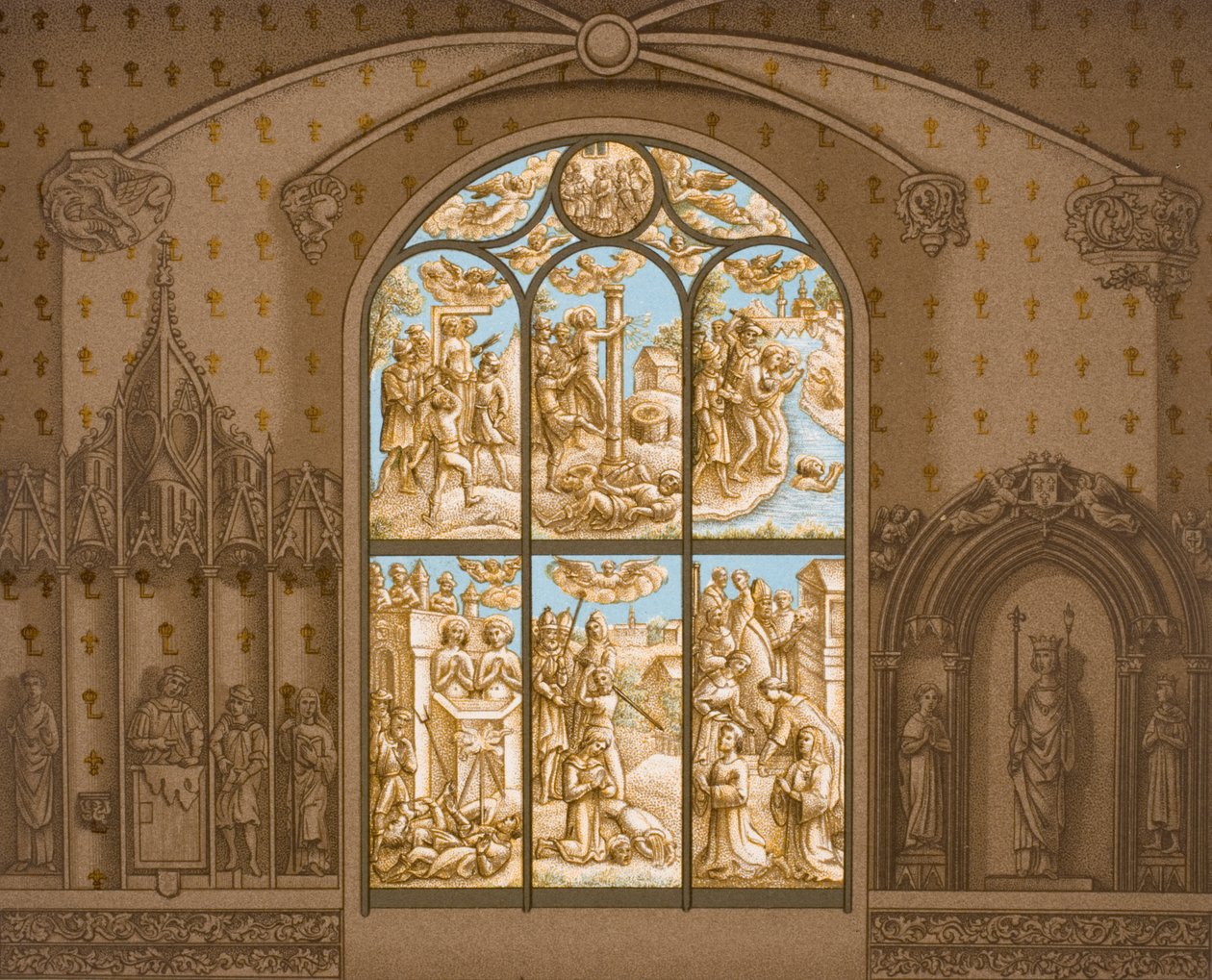 Pyhien Crispinin ja Crepinienin marttyyrikuolema Paul Lacroixin (1806-84) teoksesta Le Moyen Age et La Renaissance, julkaistu 1847 tekijältä French School