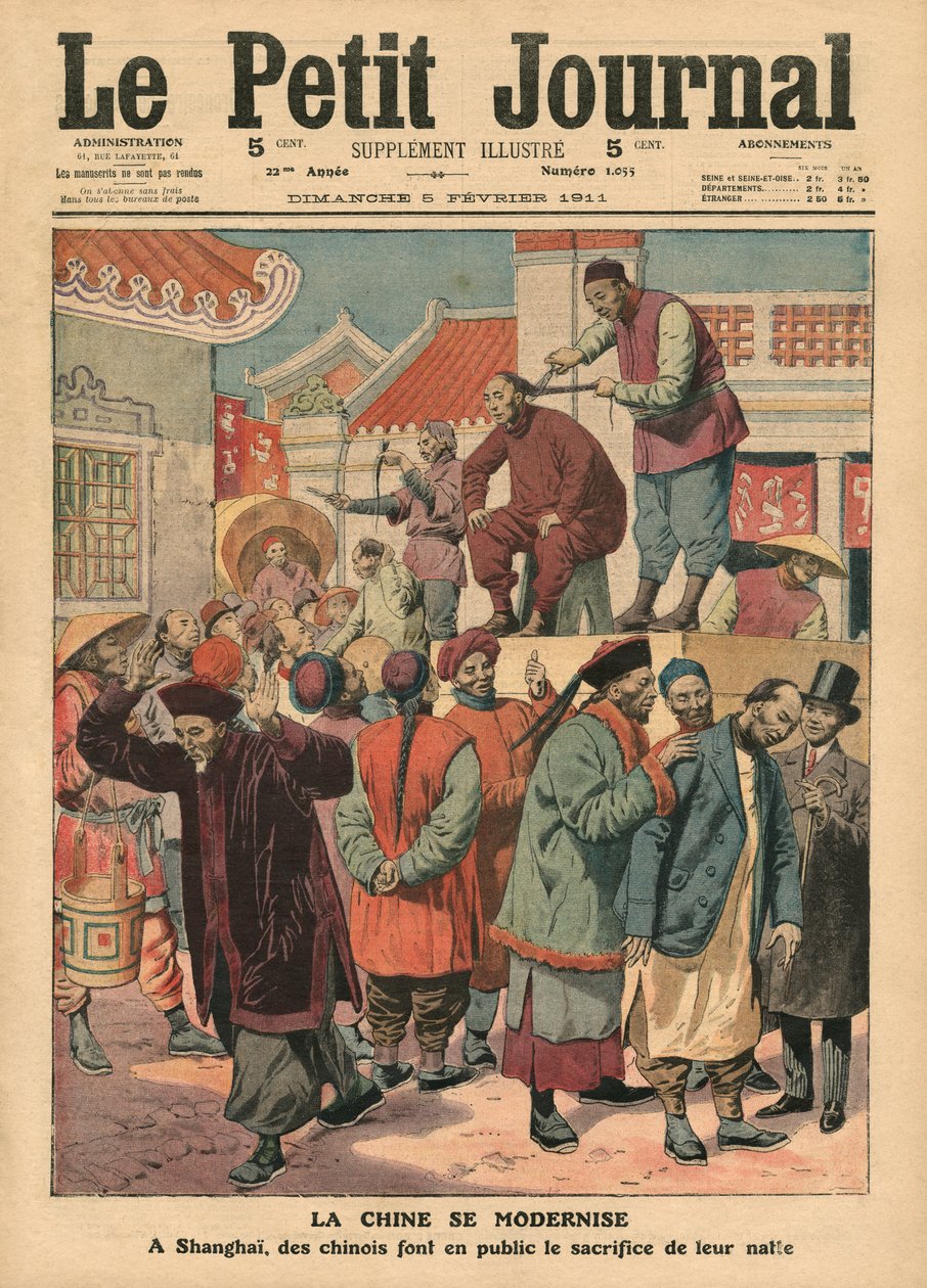 Kiinan nykyaikaistaminen, kiinalaisilta leikataan sianhäntä Shanghaissa, kuvitus Le Petit Journalin kuvaliitteestä, 5. helmikuuta 1911. tekijältä French School