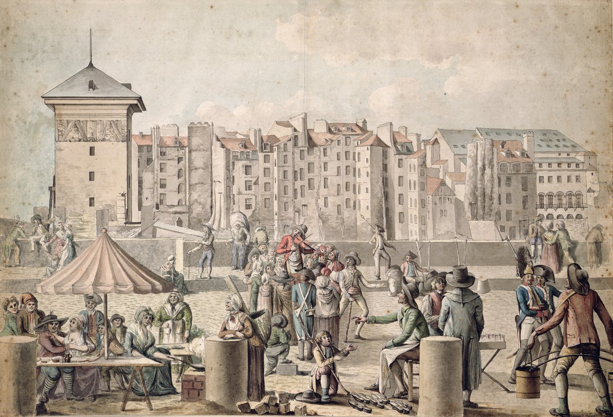 Mountebanks ja Promenaders Pont au Change, Pariisi n.1790 tekijältä French School