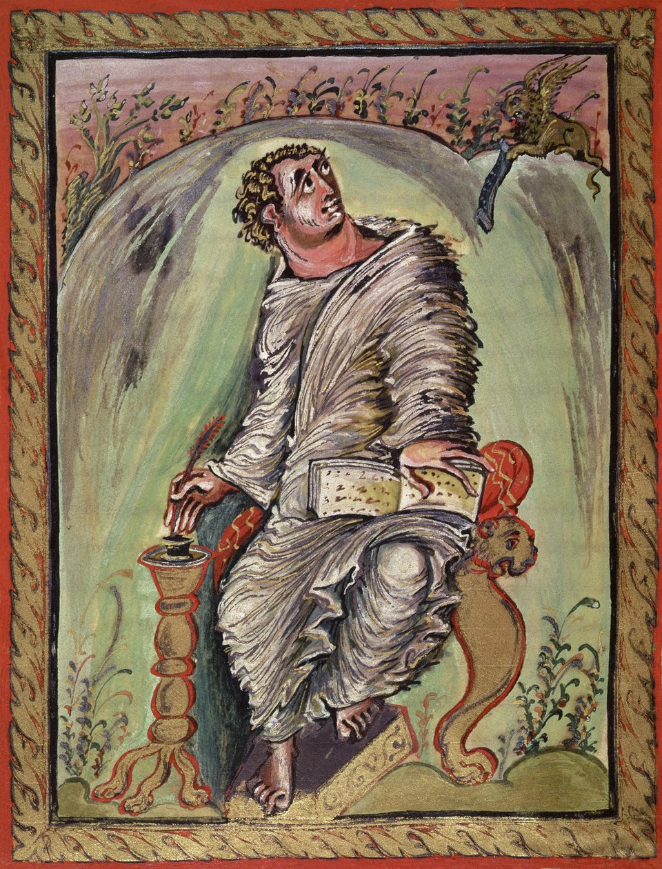 Ms 1 fol.60v St. Mark pöytänsä ääressä, Pyhän Markuksen evankeliumista, Ebbo-evankeliumeista, n.816-835 tekijältä French School