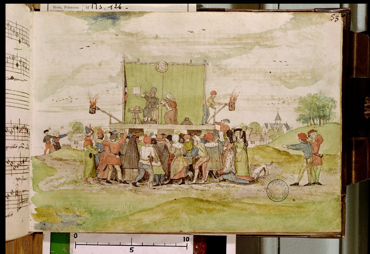 Ms 126 f.53r Quack lääkäri, joka nappaa virtsaa diagnoosiaan varten, julkaisusta "Recueil de Chants Religieux et Profanes", 1542 tekijältä French School