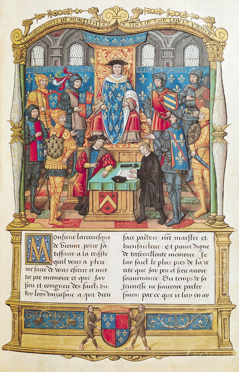 Ms 18 fol 1r Muistelmien esitys Ludvig XI:lle, Philippe of Comminesin muistelmista (1445-1509) tekijältä French School