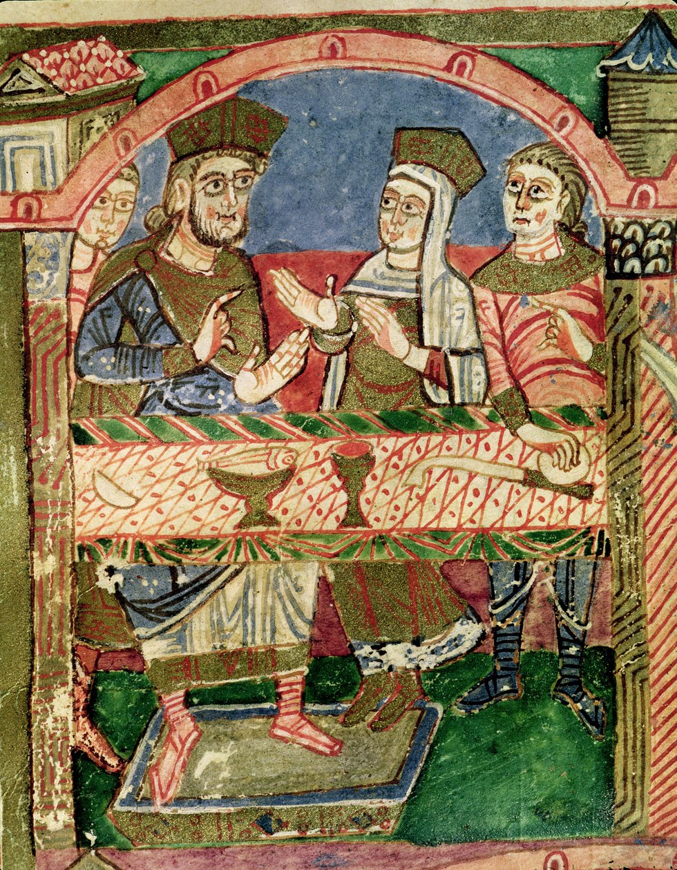 Ms 250 f.24r St. Radegund (518-87) Clothar I:n (497-561) pöydässä St. Radegundin elämästä (yksityiskohta 173477) tekijältä French School