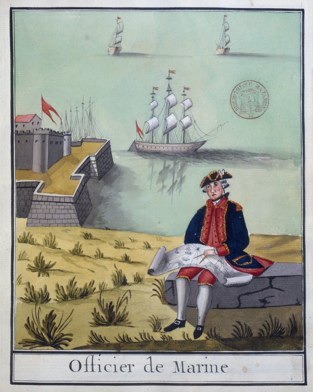 Ms 2848 The Marine Officer, sarjasta ranskalaisia sotilasasuja, 1768 (wc paperilla) tekijältä French School