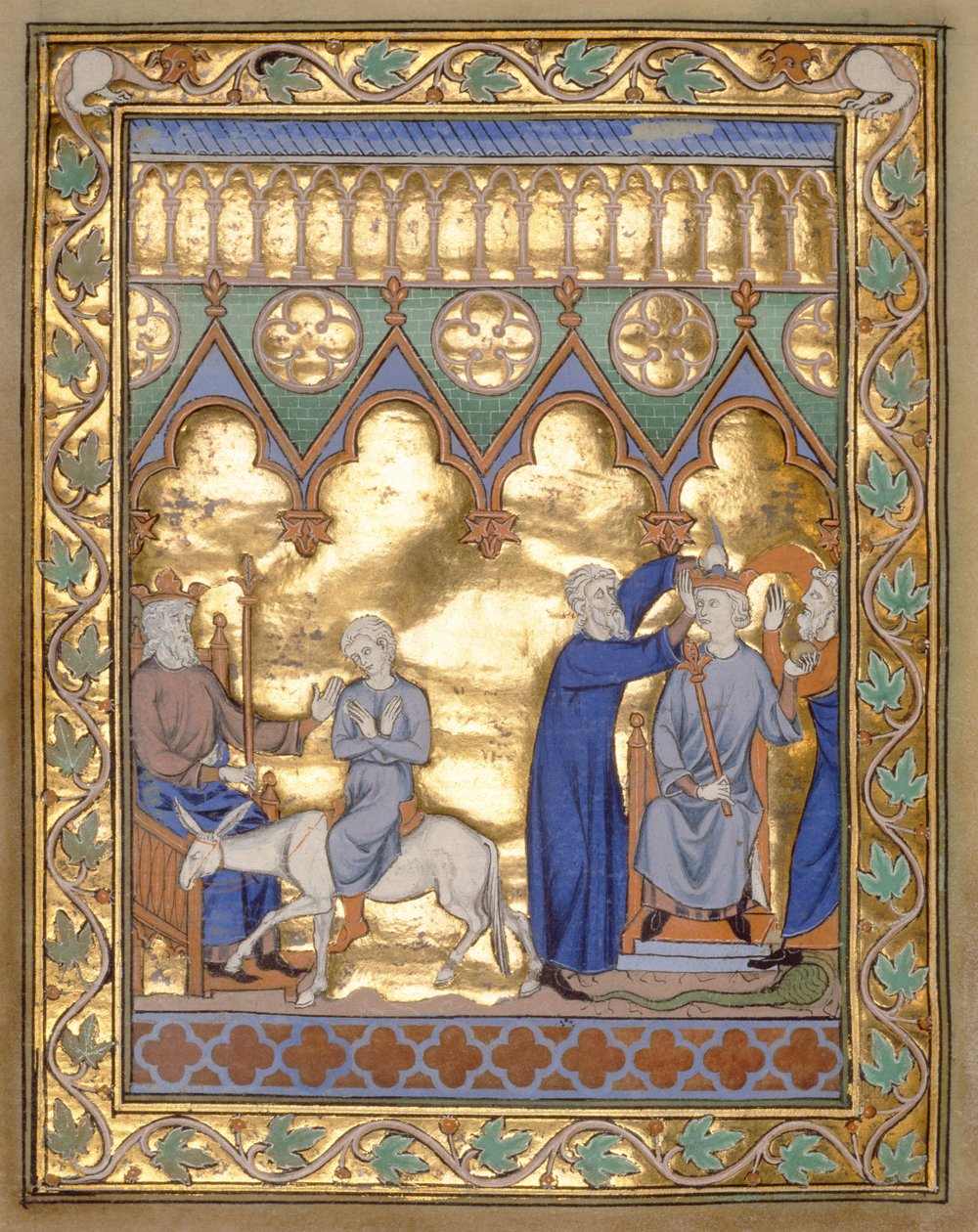 Ms 300 f.5v Salomon kruunaus, ranskalaisen Isabellan psalteri ja tunnit, Pariisi, n. 1260 (kultalehti temperalla pergamentilla) tekijältä French School