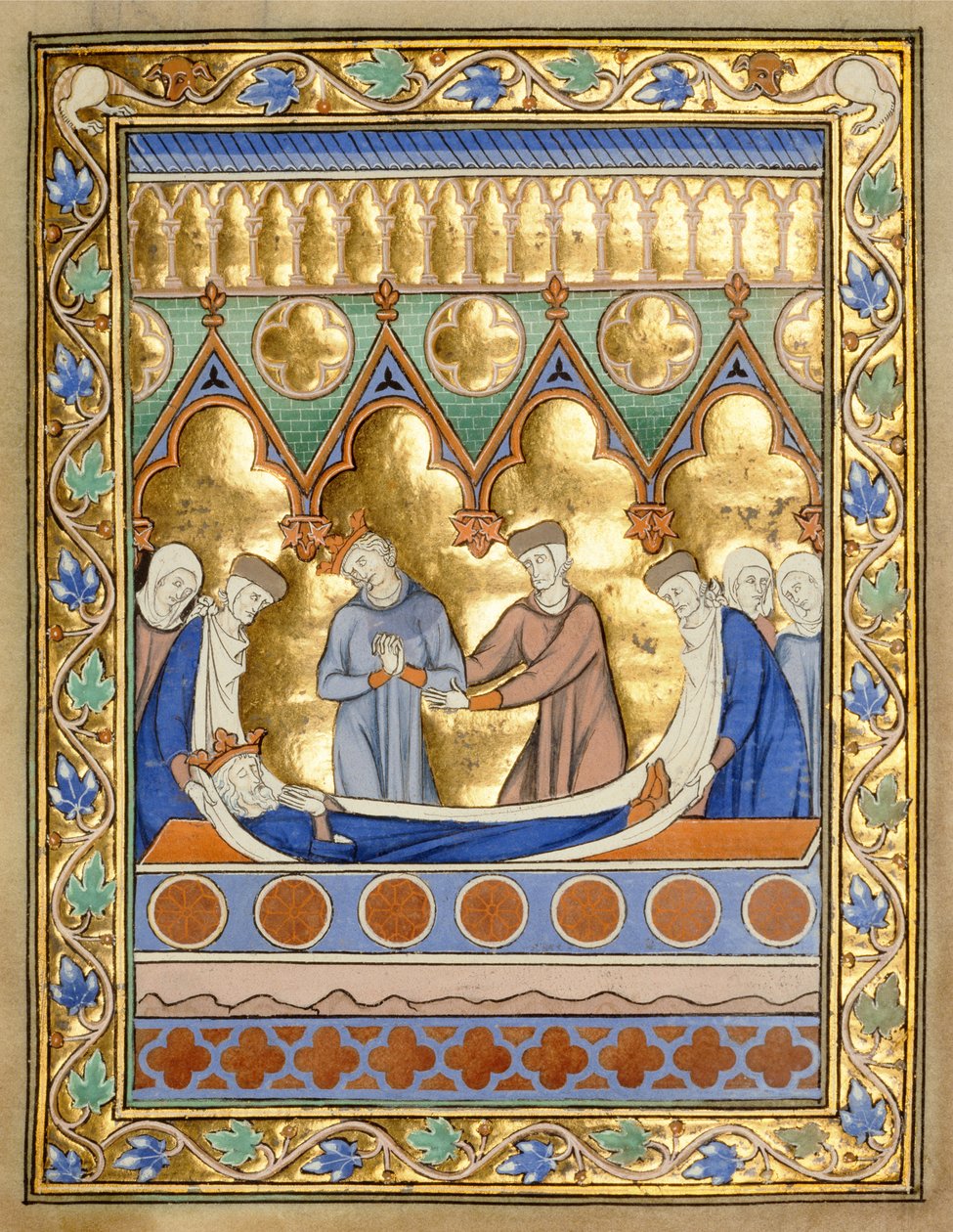 Ms 300 f.6r Daavidin hautaus, Psalter and Hours of Isabella of France, Pariisi, n. 1260 (kultalehti ja tempera pergamentilla) tekijältä French School
