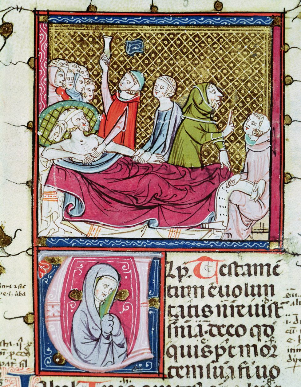 Ms 3076 fol.56r Kuoleva mies lääkäreiden ja perheen ympäröimänä, sanelemassa tahtoaan, teoksesta Justiniani in Fortiatum tekijältä French School