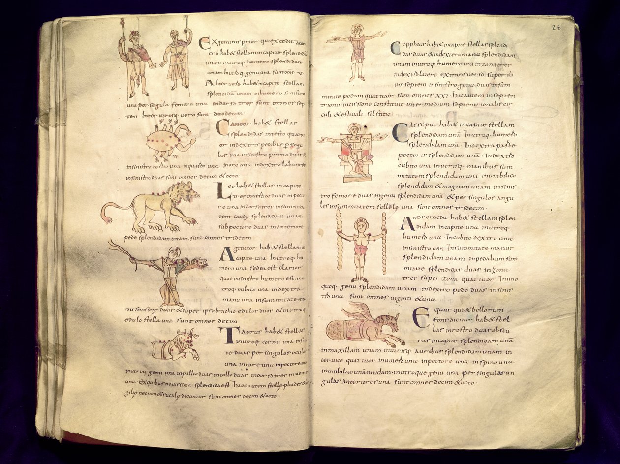 Ms 422 Fol.27v und 28r Kuun polku tähtikuvioiden halki, Sevillalaisen Isidoren 