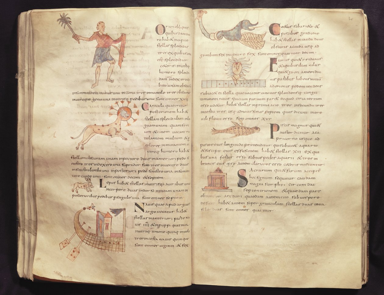 Ms 422 Fol.29 und 30 Kuun polku tähtikuvioiden halki, Sevillalaisen Isidoren teoksesta "De Natura Rerum" tekijältä French School