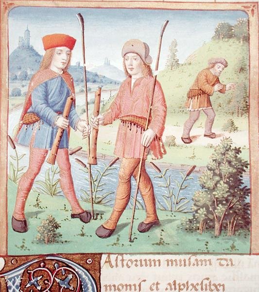 Ms 493 fol.14 Paimenet joen rannalla, Vergiliusin Eclogesista Serviuksen kommentilla, 1469 tekijältä French School