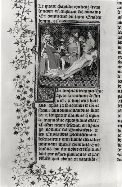 Ms 5193 f.290v Nero leikkaamassa äitiään Jean Sans Peur -julkaisusta The Cases of Men, jonka kuvitti Giovanni Boccaccio (1313-75) n. 1410 tekijältä French School