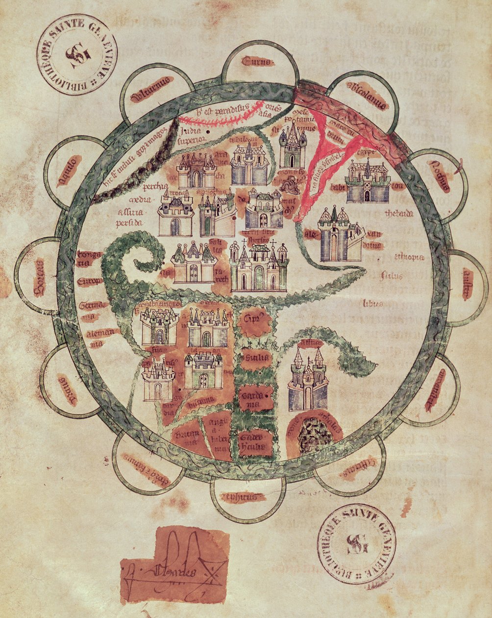 Ms 782 f.374v Maailmankartta, jossa Jerusalem keskellä, Chroniques de St. Denisistä, n. 1275 tekijältä French School
