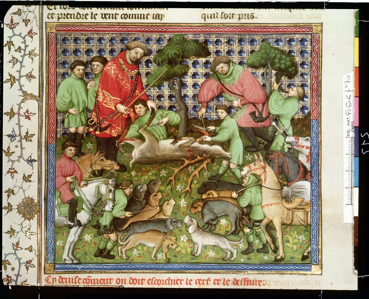 Ms Fr 616 fol.70 Kuolleen polttarin leikkaaminen, Livre de la Chassesta, Gaston Phebus de Foix (1331-91) tekijältä French School