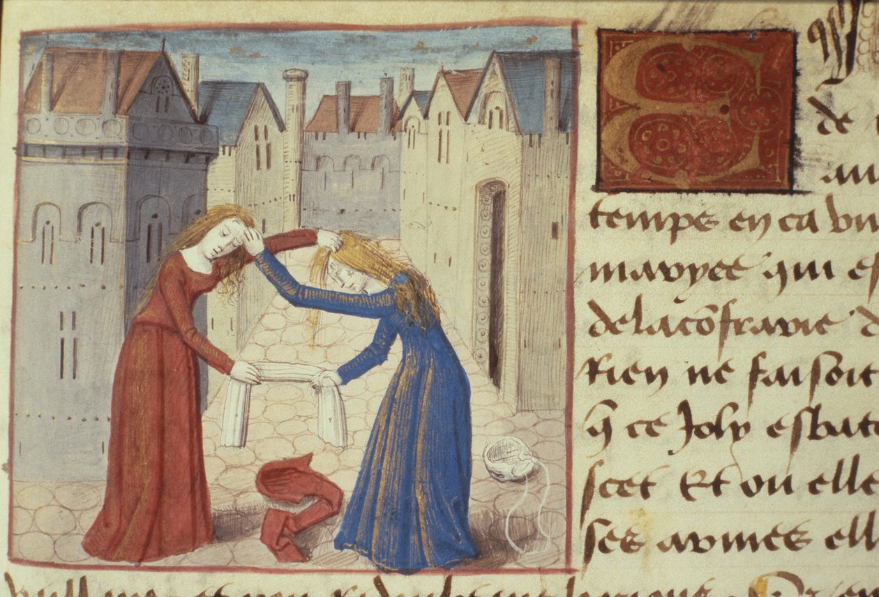 Ms Hunter 252 f.186r Kaksi naista tappelemassa, Les Cent Nouvelles Nouvelles, 1462 tekijältä French School