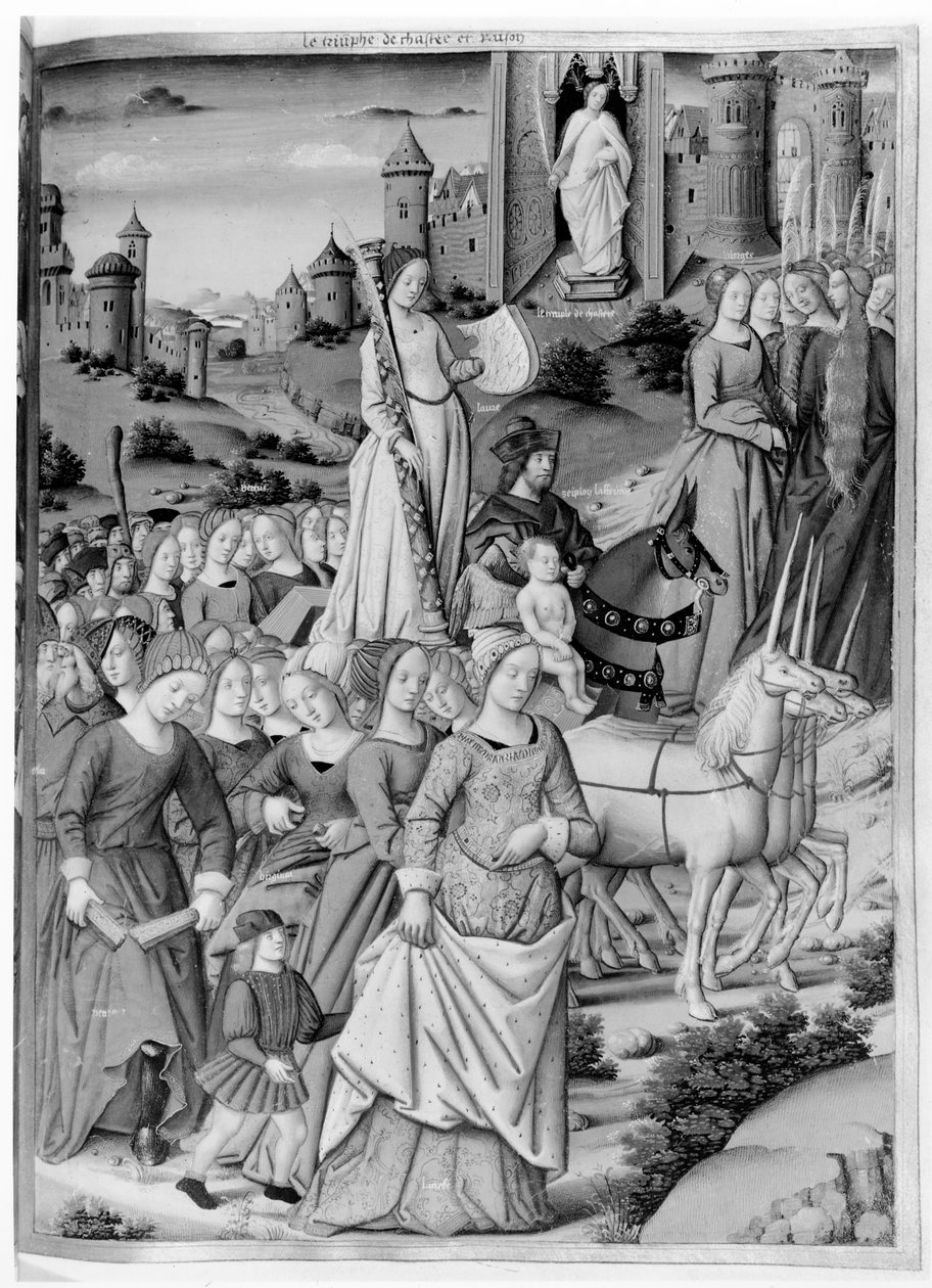 Ms.Fr.594 fol.102 Siveyden ja järjen voitto, Petrarchin teoksesta "Les Triomphes" (1304-74) 1503 tekijältä French School