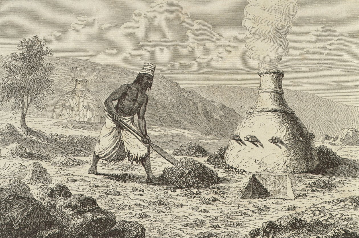 Alkuperäinen rautamalmin sulatus Fouta Djallonissa, Guineassa, 1850-luku, Le Tour du Mondesta, julkaistu Pariisissa, 1860-luku tekijältä French School