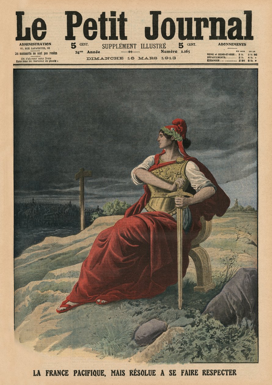 Ranska ei ole vain pasifistinen, vaan myös päättänyt tulla kunnioitetuksi, etukannen kuva Le Petit Journalista, liitekuva, 16. maaliskuuta 1913 tekijältä French School