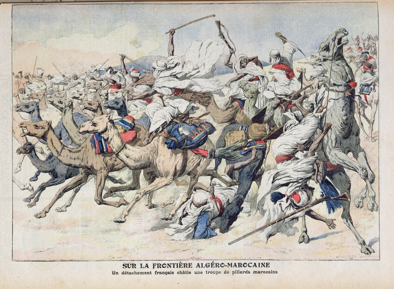 Algeron ja Marokon rajalla ranskalainen joukko rankaisemassa marokkolaisia ryöstöjä, kuva Le Petit Journalista, 18. marraskuuta 1906 tekijältä French School