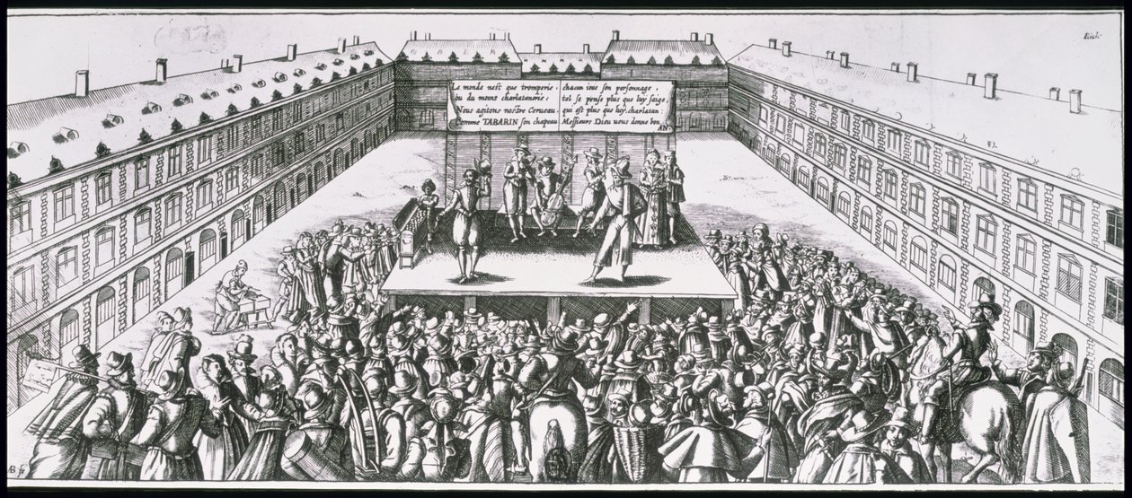 Ulkoteatteriesitys Antoine Firardin (1584-1633), joka tunnetaan nimellä Tabarin, kanssa lavalla tekijältä French School