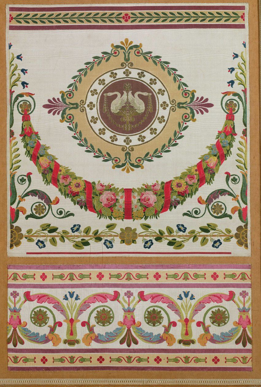 Silkkipaneeli, jossa seppele kukkia ja joutsenia Pernonista, Lyonista (silkki) tekijältä French School