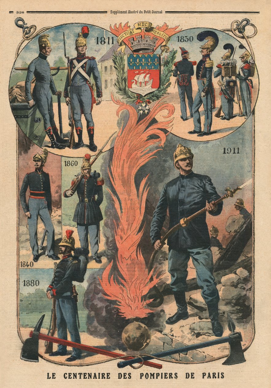 Pariisin palomiesten satavuotisjuhla, kuvitus "Le Petit Journalista", liitekuva, 8. lokakuuta 1911 tekijältä French School