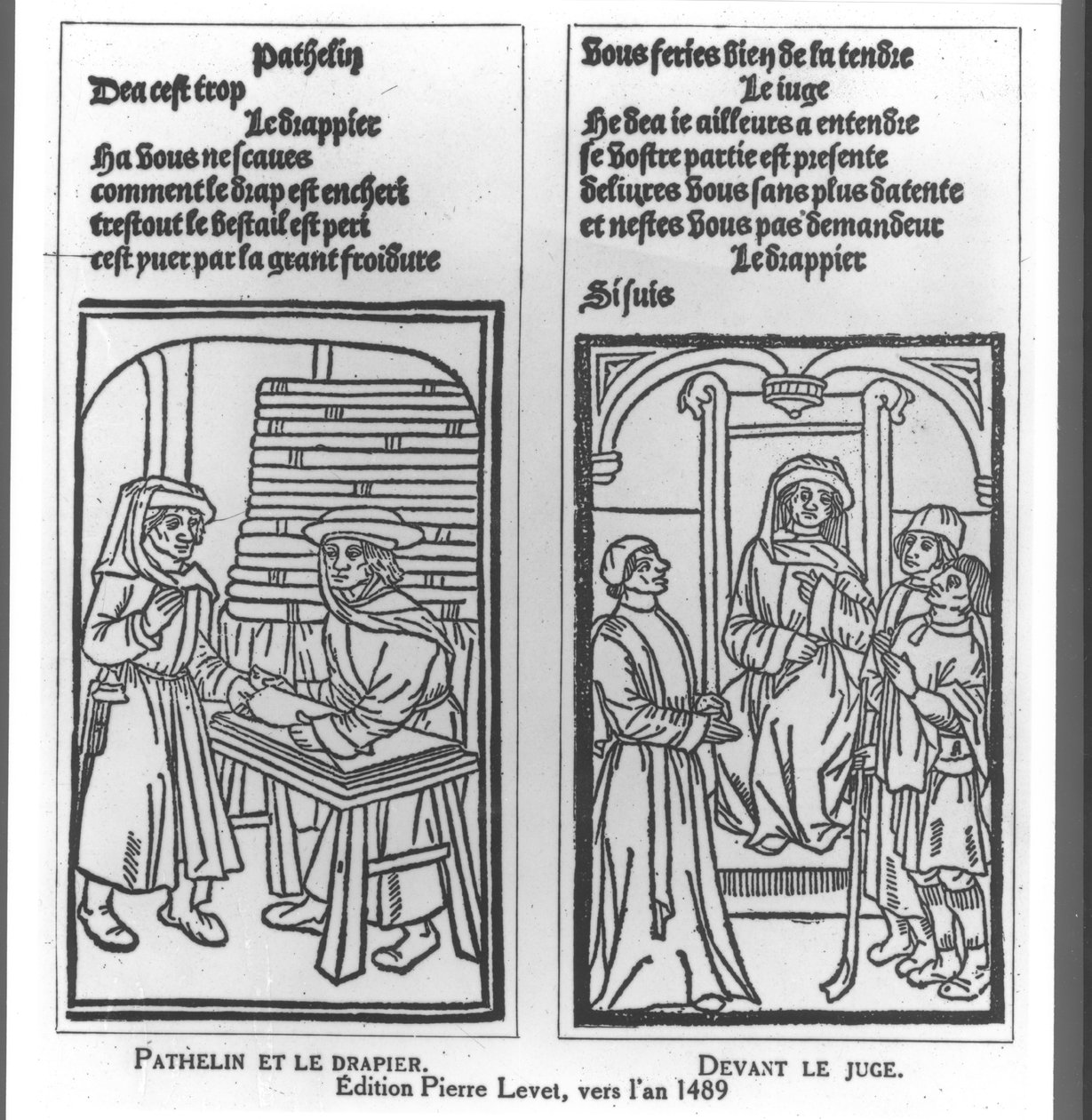 Pathelin and the Draper ja Pathelin ennen tuomaria, kuvitus teoksesta "The Farce of Master Pathelin", n. 1489 tekijältä French School