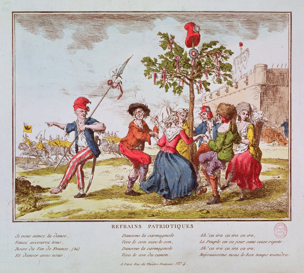 Isänmaalliset sanat: Ranskan vallankumoukselliset tanssivat karmagnolia vapaudenpuun ympärillä, n. 1792 tekijältä French School