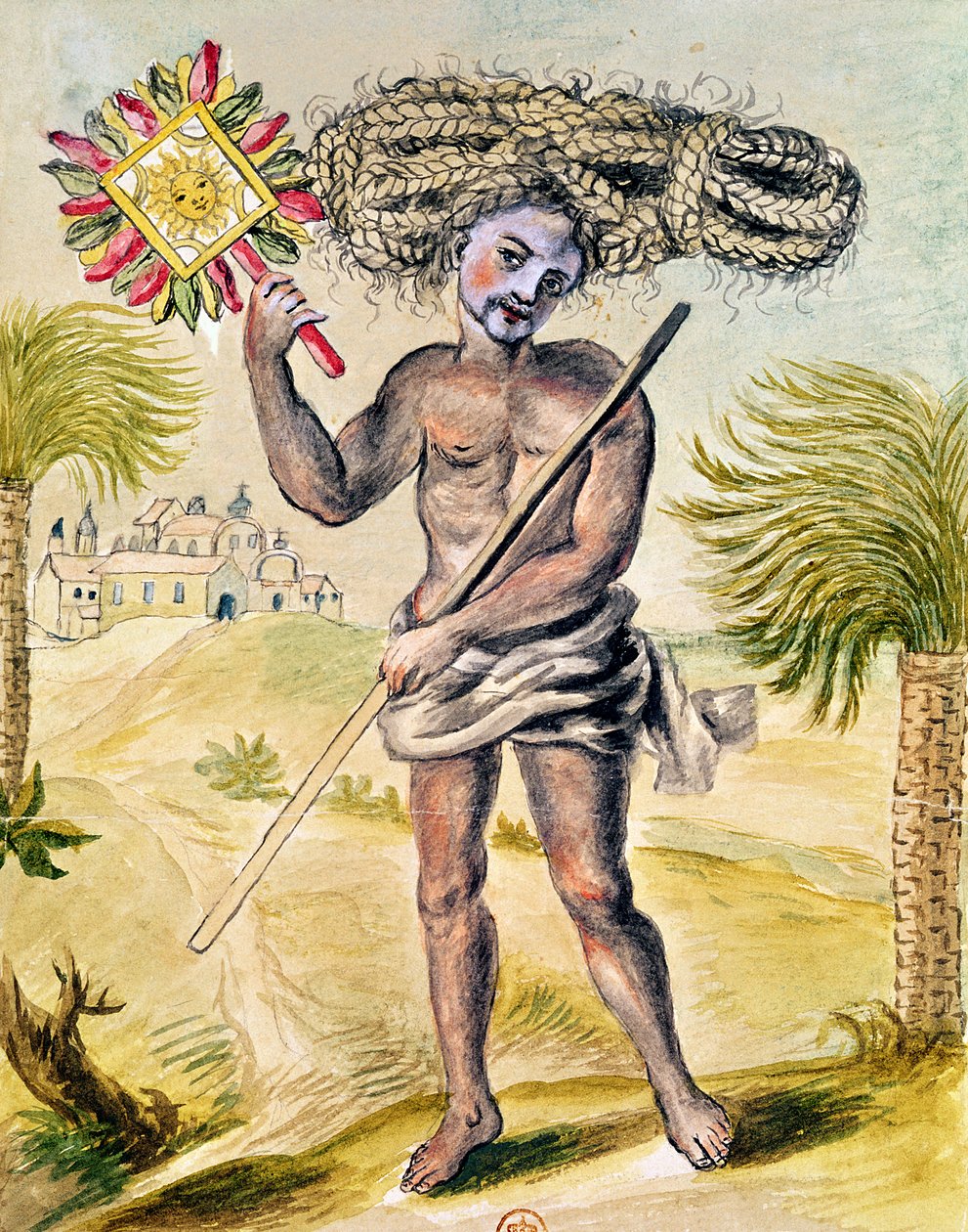 Katuva mies Intiassa palmikoiduilla hiuksilla, Usages Indiens, 1688 tekijältä French School