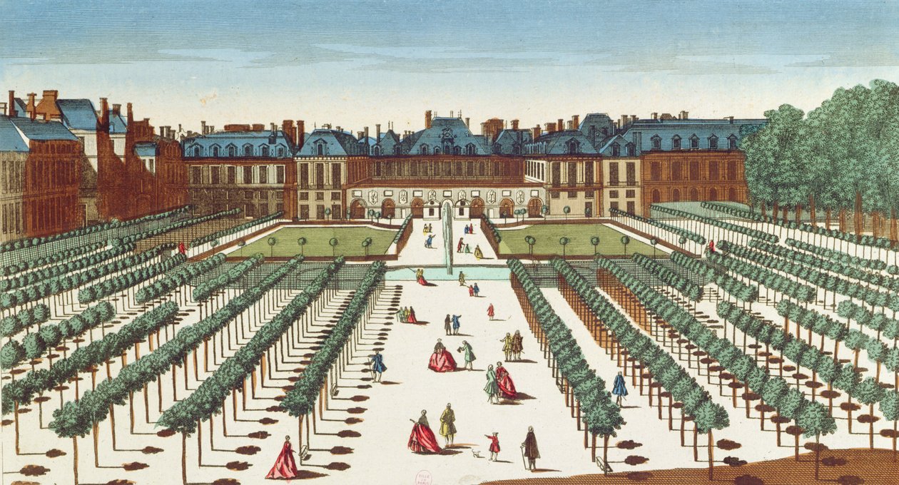 Perspektiivinäkymä Palais Royaliin puutarhasta tekijältä French School