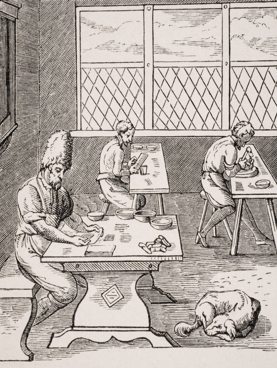 Pin and Needle Maker, jäljennös Jost Ammanin (1539-91) puupiirroksesta Paul Lacroixin (1806-84) teoksesta "Le Moyen Age et La Renaissance", julkaistu 1847 tekijältä French School