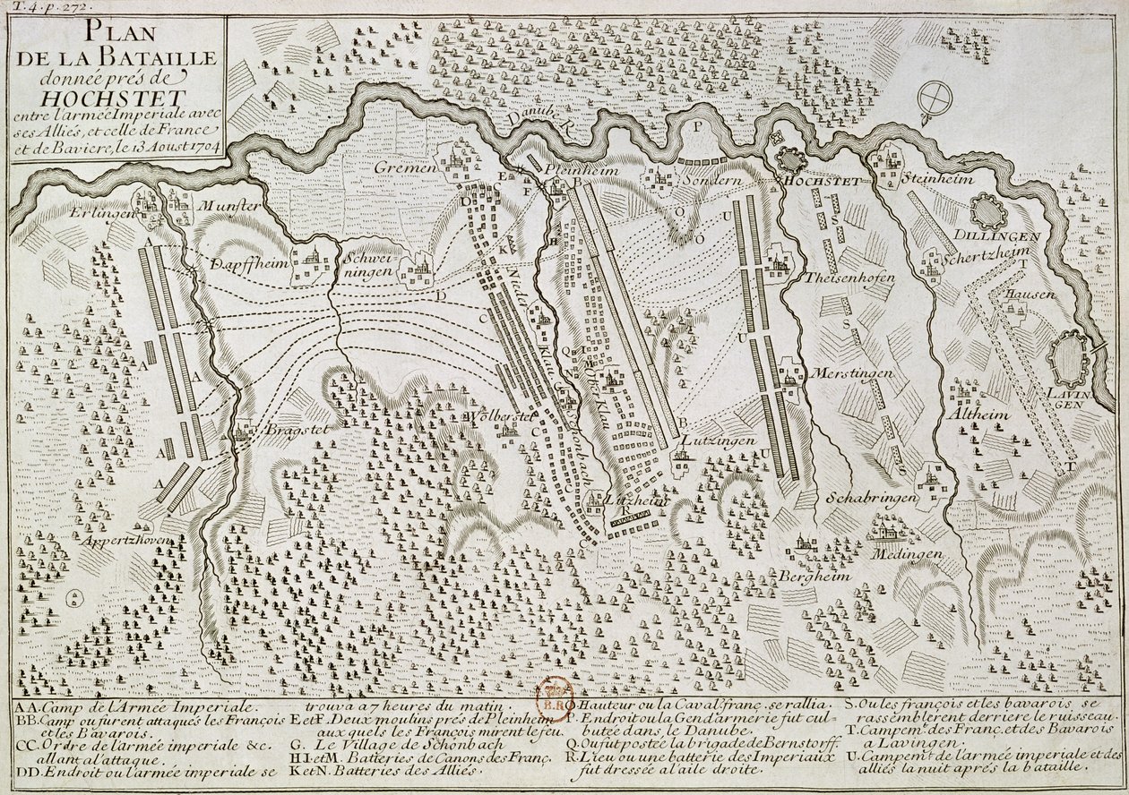 Keisarillisen armeijan ja Ranskan ja Baijerin armeijan välisen Blenheimin taistelun suunnitelma, 13. elokuuta 1704 tekijältä French School