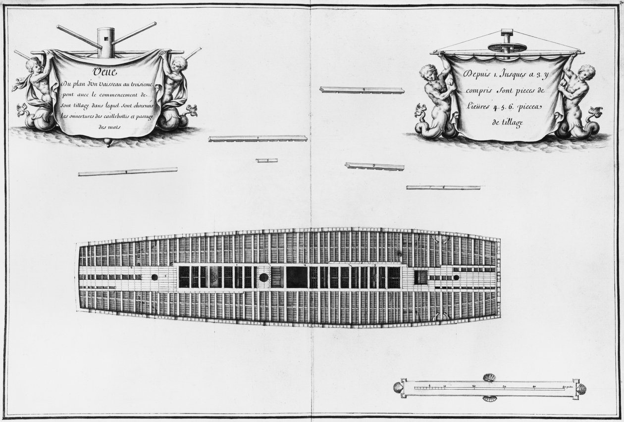 Aluksen kolmannen kannen suunnitelma, kuva Atlas de Colbertista, levy 30 (kynä ja wc paperilla) tekijältä French School