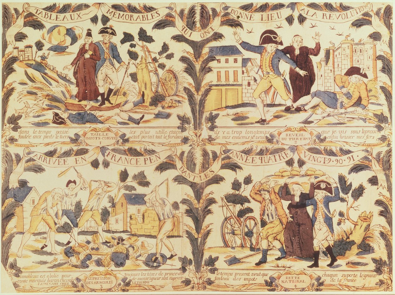 Suosittuja kuvia, jotka korostavat sarjakuvissa Ranskan vallankumouksen tärkeimpiä syitä, n. 1792 tekijältä French School