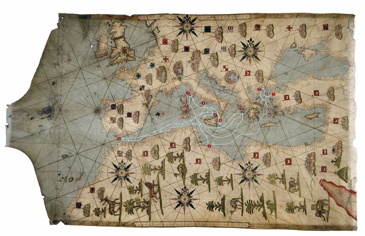 Portolan kartta Välimeren rannikosta, joka kuvaa Ulysseksen matkan eri vaiheita, kuten kerrotaan Homers Odysseyssa, 1593 (pergamentti) tekijältä French School