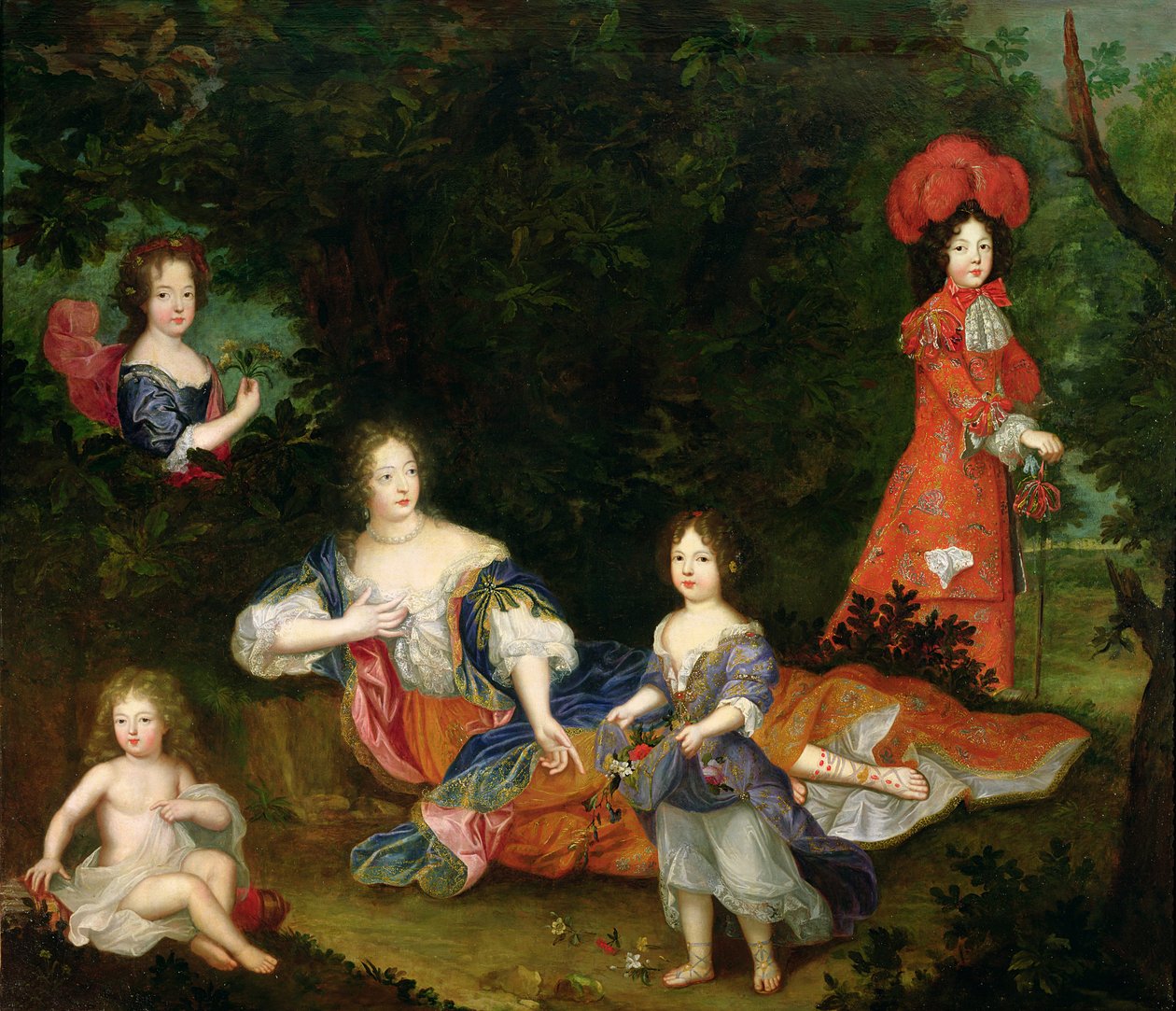 Muotokuva Francoise-Athenais de Rochechouart-Mortemartista (1641-1707), Montespanin markiisitar, laillistettujen lastensa ympäröimänä. tekijältä French School